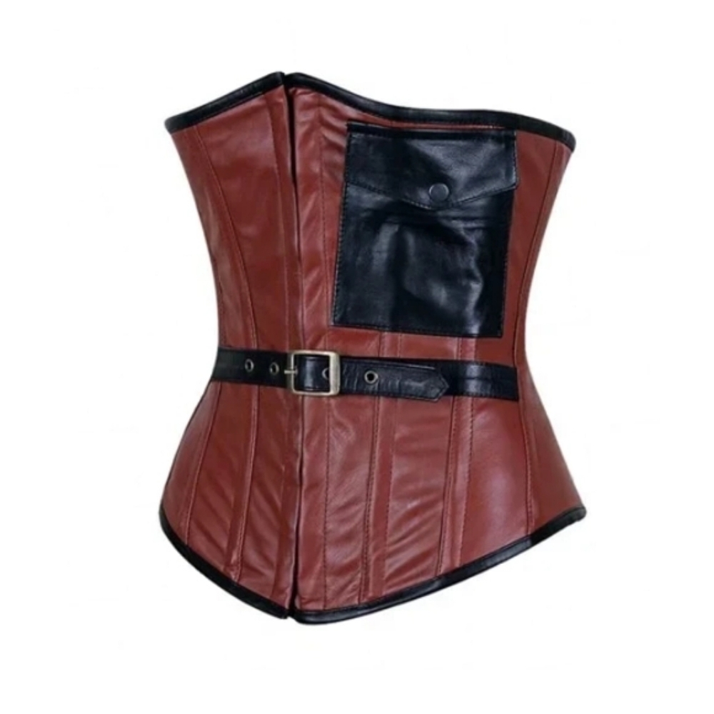 Eurotique Brown Black Genuine Leather Underbust Corset Steel Bone Pocket Medium